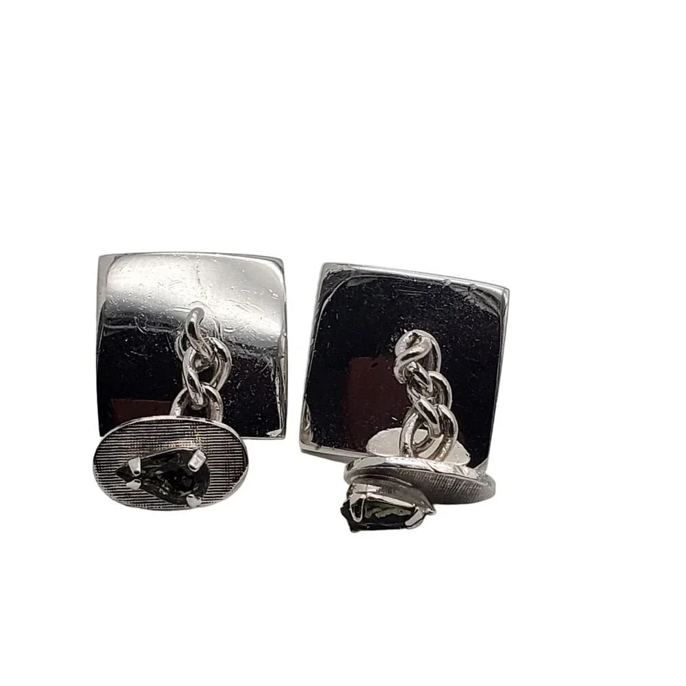 Smoke Faceted Glass Stone Cufflinks Silver Tone Teardrop Double Faced Chainlink